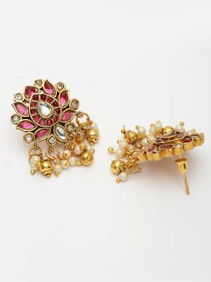 Women's gold-plated red kundan- studded & beaded handcrafted temple jewellery set 5