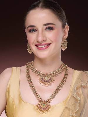Women's set of 2 gold-plated green & pink stone studded peacock design temple jewellery set 1
