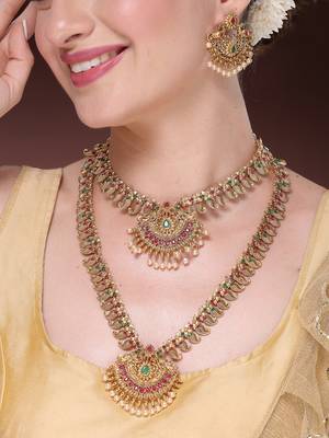 Women's set of 2 gold-plated green & pink stone studded peacock design temple jewellery set 2