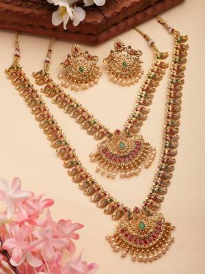 Women's set of 2 gold-plated green & pink stone studded peacock design temple jewellery set 3