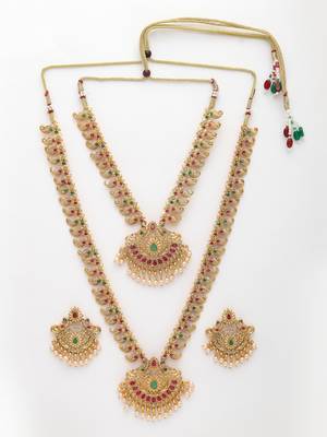 Women's set of 2 gold-plated green & pink stone studded peacock design temple jewellery set 4