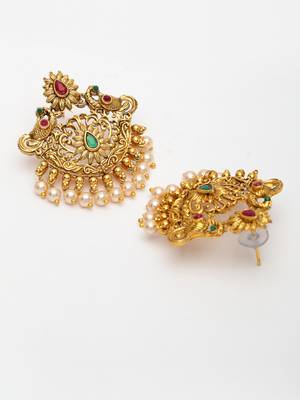 Women's set of 2 gold-plated green & pink stone studded peacock design temple jewellery set 5