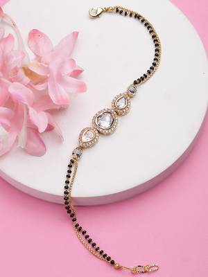 Women gold-plated & black brass ad-studded hand mangalsutra link bracelet 2