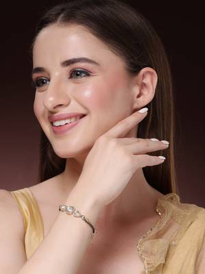 Women gold-plated & black brass ad-studded hand mangalsutra link bracelet 3