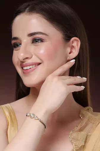 Women gold-plated & black brass ad-studded hand mangalsutra link bracelet