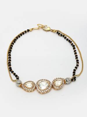 Women gold-plated & black brass ad-studded hand mangalsutra link bracelet 4