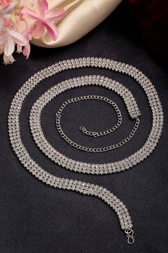 Women's silver-plated ad-studded 3 layered kamarbandh waist chain