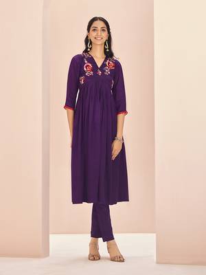 Elegant wine floral embroidered chinon kurta set 1