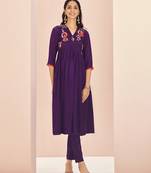 Elegant wine floral embroidered chinon kurta set