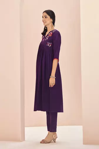 Elegant wine floral embroidered chinon kurta set