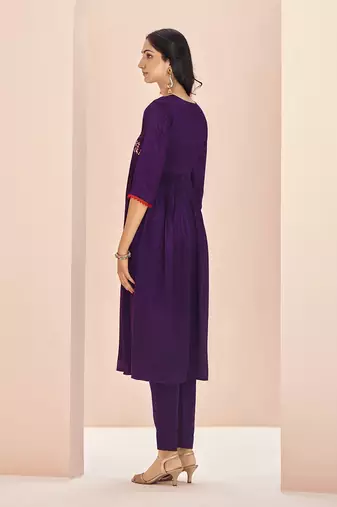 Elegant wine floral embroidered chinon kurta set