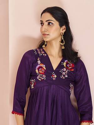 Elegant wine floral embroidered chinon kurta set 4