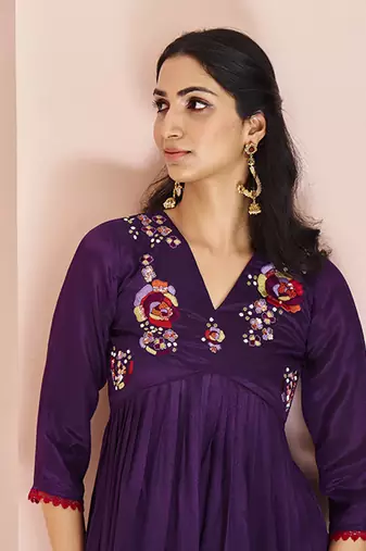 Elegant wine floral embroidered chinon kurta set