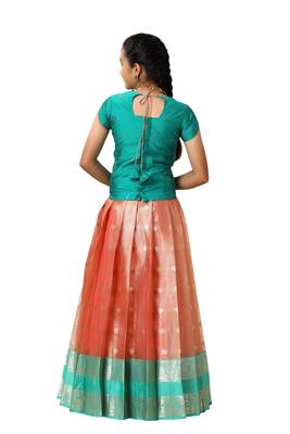 Girls peach floating mango butta pattu pavadai 1