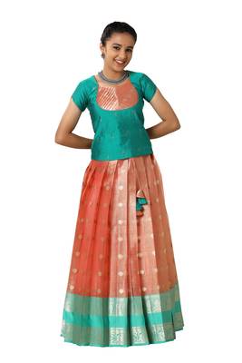 Girls peach floating mango butta pattu pavadai 2