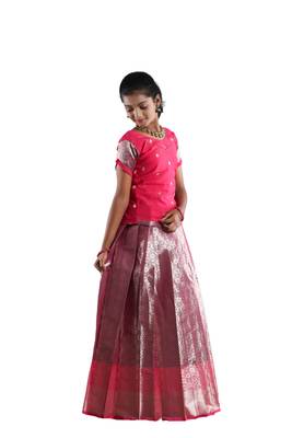 Pink golden aster pattu pavadai 1