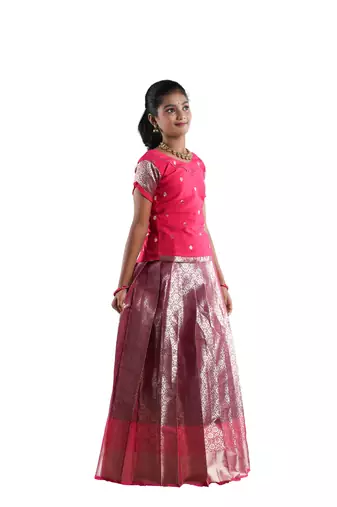 Pink golden aster pattu pavadai