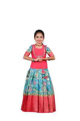Girls ramar green kalamkari peacock pattu pavadai 1