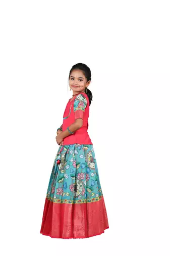 Girls ramar green kalamkari peacock pattu pavadai