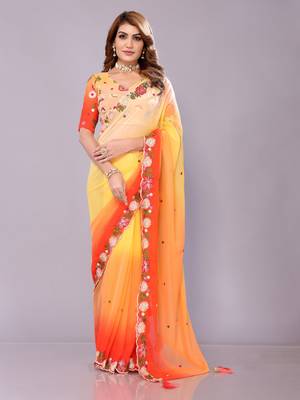 Orange embriodred georgette sequiend saree with blouse piece 1