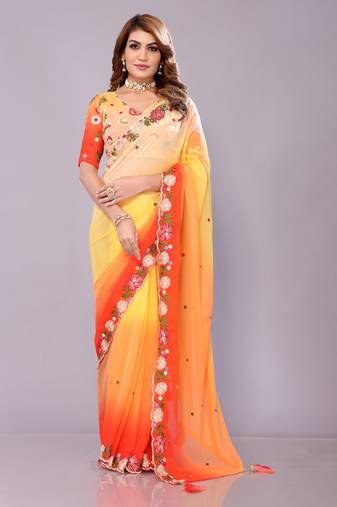 Orange embriodred georgette sequiend saree with blouse piece