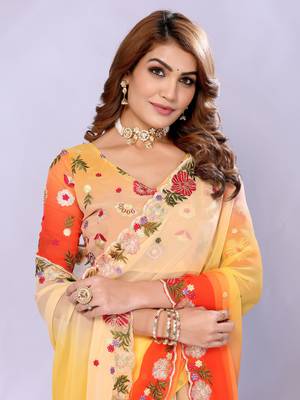 Orange embriodred georgette sequiend saree with blouse piece 2