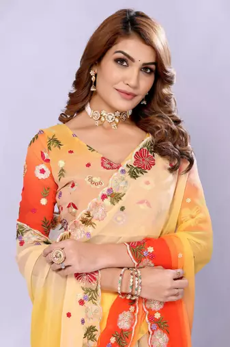 Orange embriodred georgette sequiend saree with blouse piece