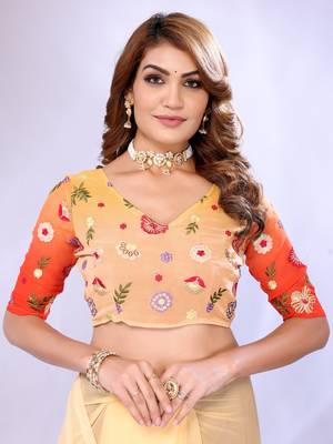 Orange embriodred georgette sequiend saree with blouse piece 3