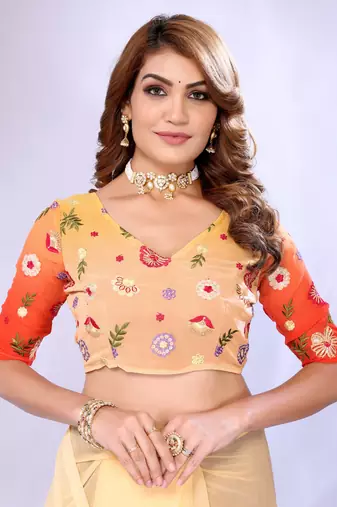 Orange embriodred georgette sequiend saree with blouse piece