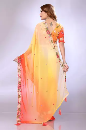 Orange embriodred georgette sequiend saree with blouse piece