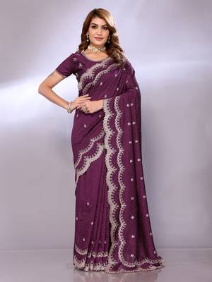 Magenta embriodred art silk neckless saree with blouse piece 4