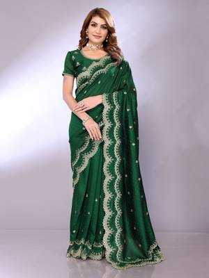 Green embriodred Art silk neckless saree with blouse piece 1