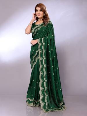 Green embriodred Art silk neckless saree with blouse piece 2