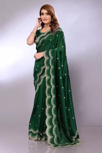 Green embriodred Art silk neckless saree with blouse piece
