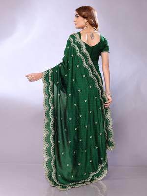 Green embriodred Art silk neckless saree with blouse piece 3
