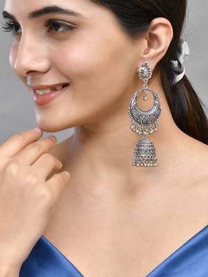 Long oxidised silver chandbali earrings 1