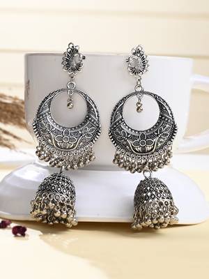Long oxidised silver chandbali earrings 2