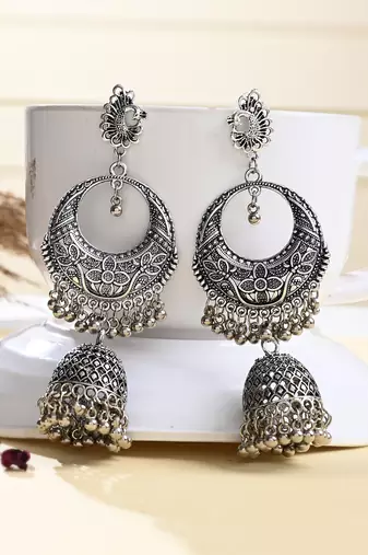 Long oxidised silver chandbali earrings