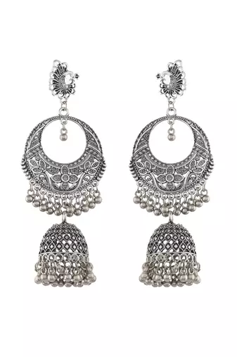 Long oxidised silver chandbali earrings