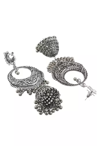 Long oxidised silver chandbali earrings