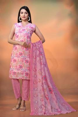 Pink cambric cotton fabric foil printed festive wear suit 1