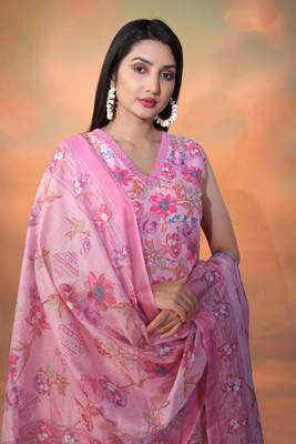 Pink cambric cotton fabric foil printed festive wear suit 2