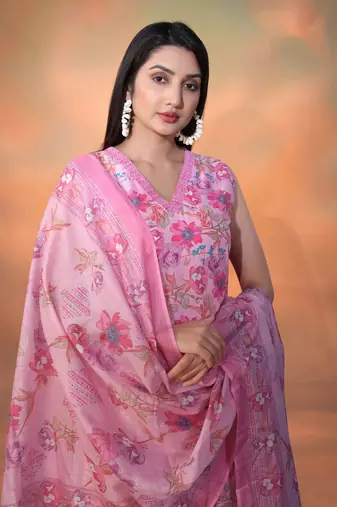 Pink cambric cotton fabric foil printed festive wear suit