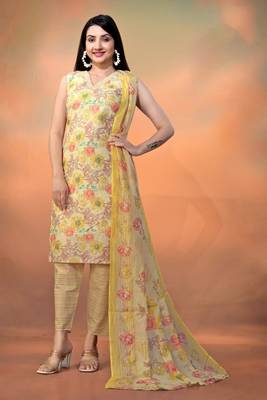 Yellow cambric cotton fabric foil printed festive wear suit 1