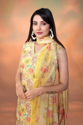 Yellow cambric cotton fabric foil printed festive wear suit 2