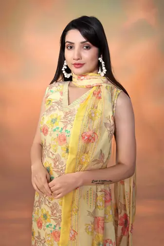 Yellow cambric cotton fabric foil printed festive wear suit