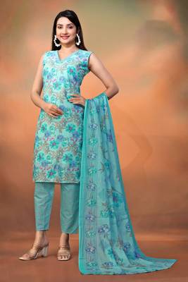 Blue cambric cotton fabric foil printed festive wear suit 1
