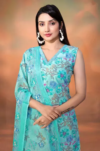 Blue cambric cotton fabric foil printed festive wear suit
