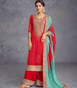 Red chinon fabric bandhani printed palazzo dress with designer embroidery work