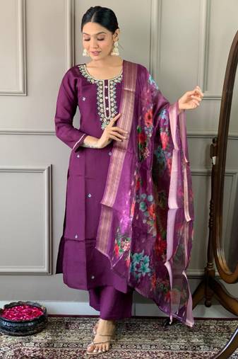 Purple viscose chanderi fabric readymade suit with embroidery work with printed